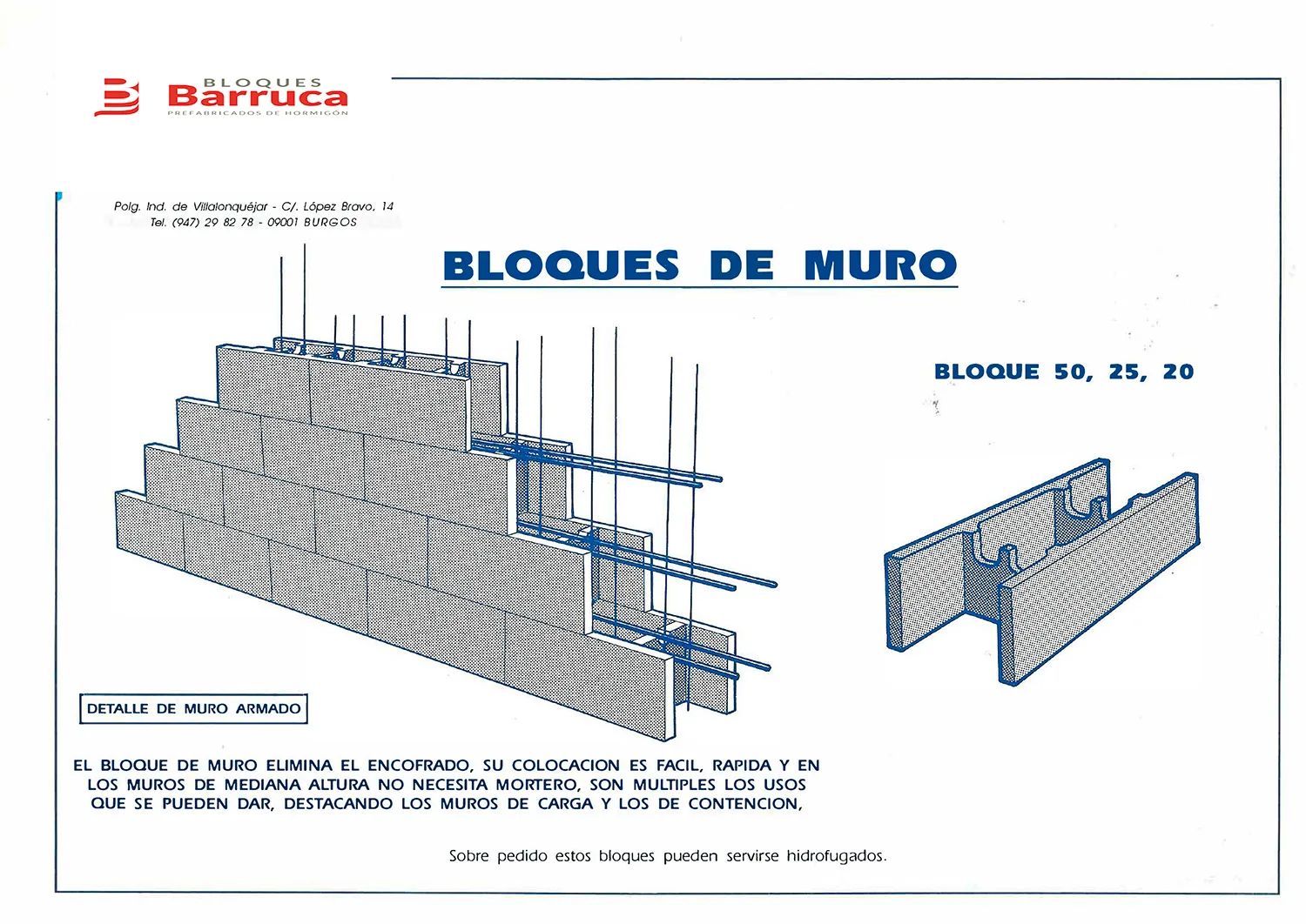 Detalle de muro armado con bloques de hormigón para muros de Bloques Barruca